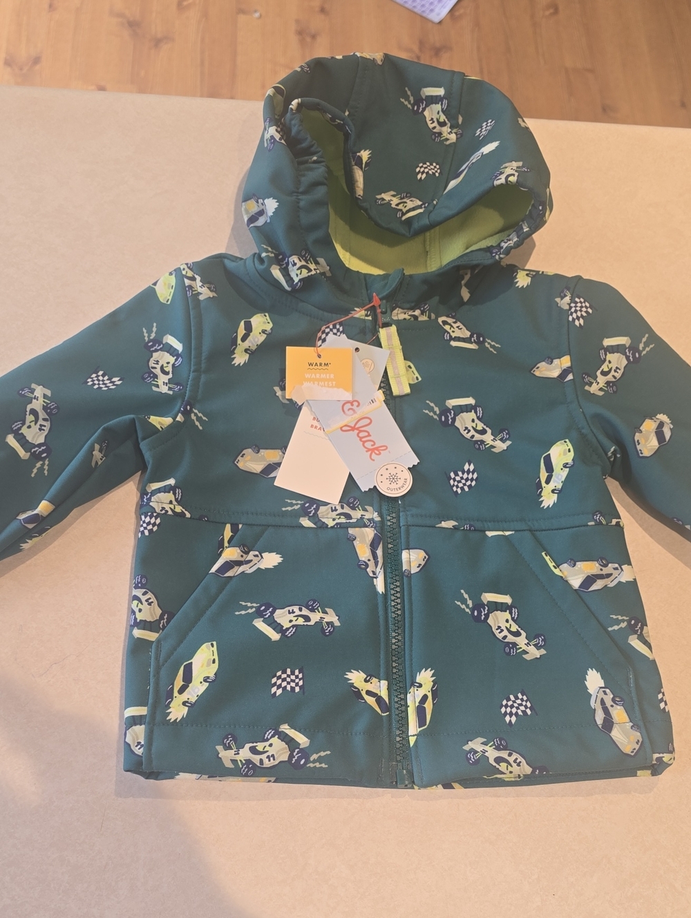 Cat & Jack Toddler Midweight Jacket/ Raincoat Green with Racecar Pattern